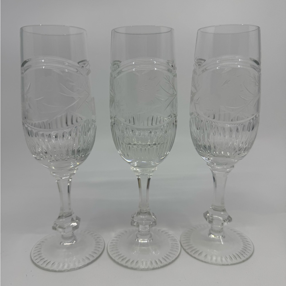 Lausitzer Glas Bleikristall Etched Flower Champagne Glasses Set Of 3 Cut Bottoms